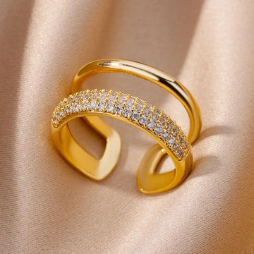 New Gold Colour Adjustable Stainless Steel AAA Zircon Crystals Double Layer Open Rings, Fashion Aesthetic Jewellery - The Jewellery Supermarket